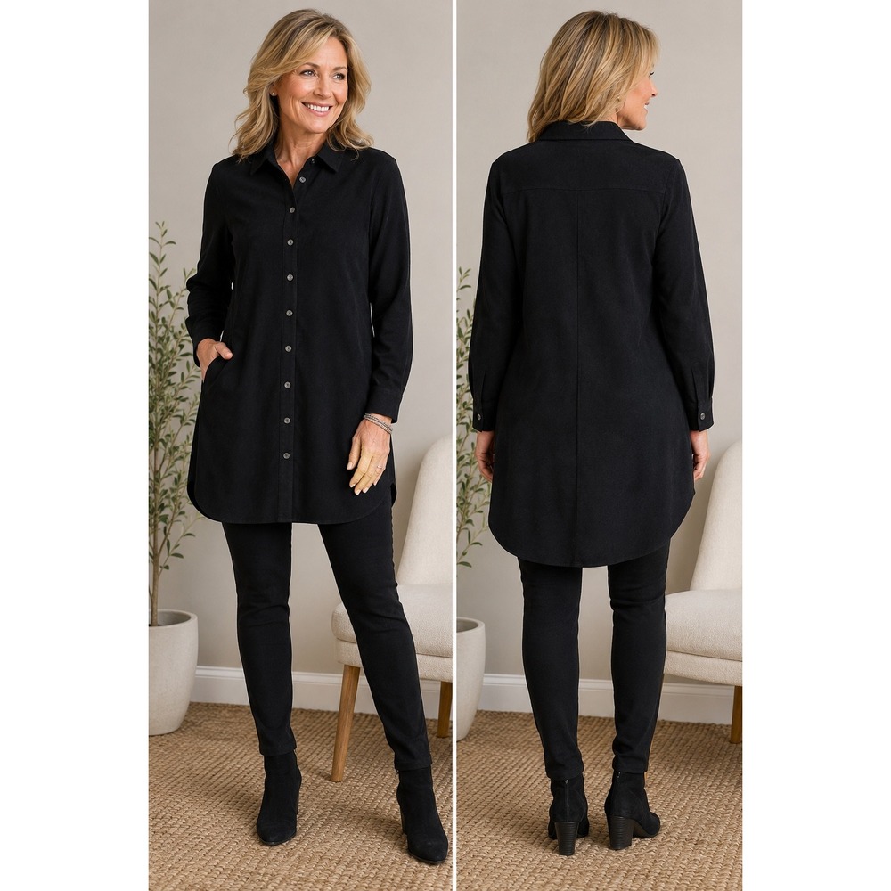 Sympli Black Faux Suede Button Down Tunic Shirt Jacket Pockets Made in Canada 10